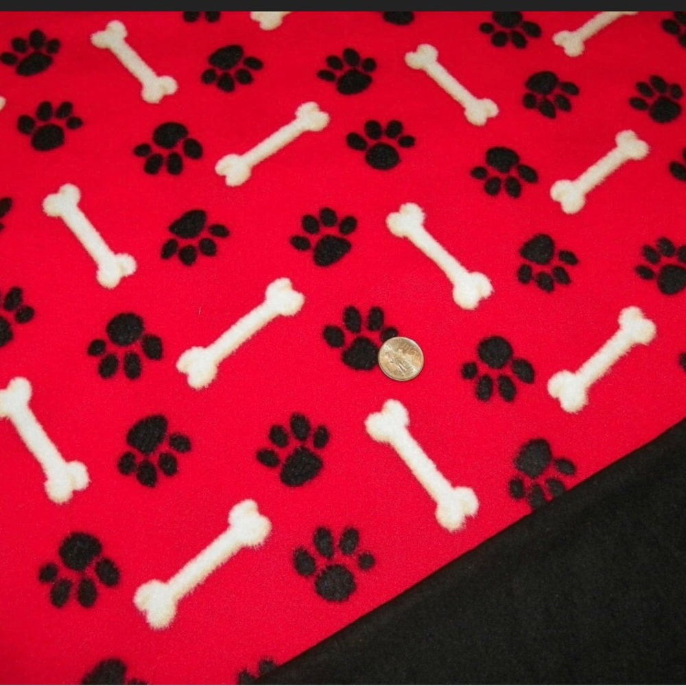Dog Blanket Red with Black Paws White Bones Double Fleece size L-XL. 29”x34”